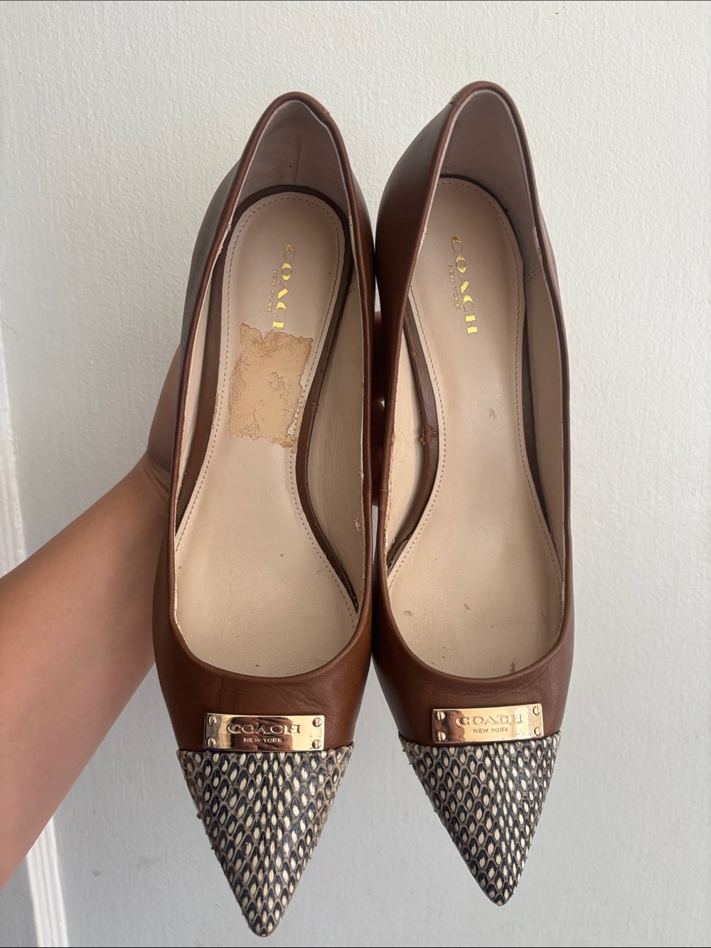 COACH Brown Leather Pointed Toe Flats with Patterned Toe and Gold Plaque - Picture 10 of 16